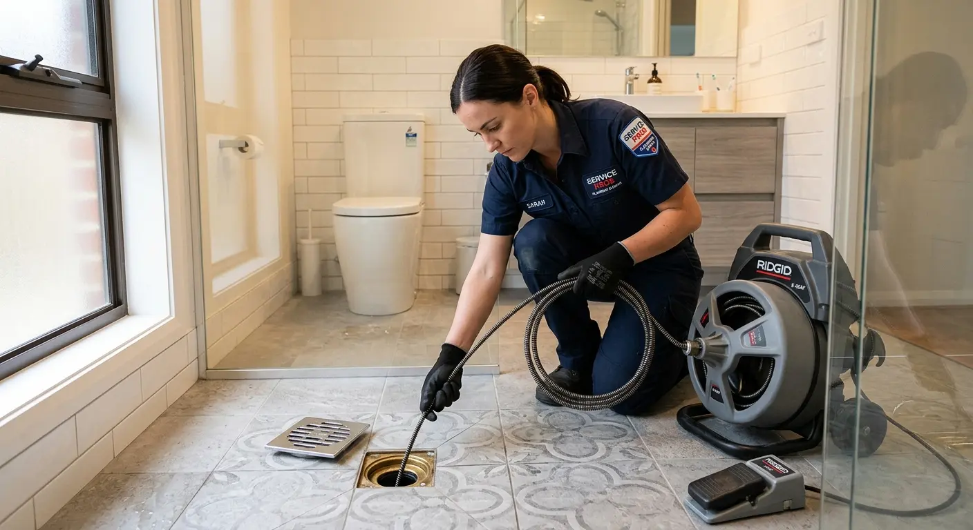 Technician clearing a bathroom floor drain for Clogged Drain Repair in Greenwood